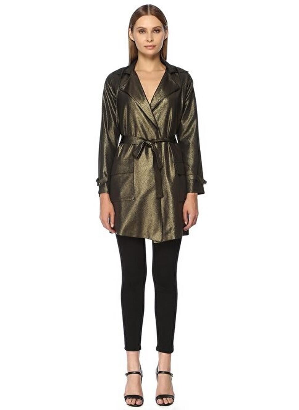 QUE Trench Coat Womens Small Basic Jacket Shiny Army Green Lightweight N262